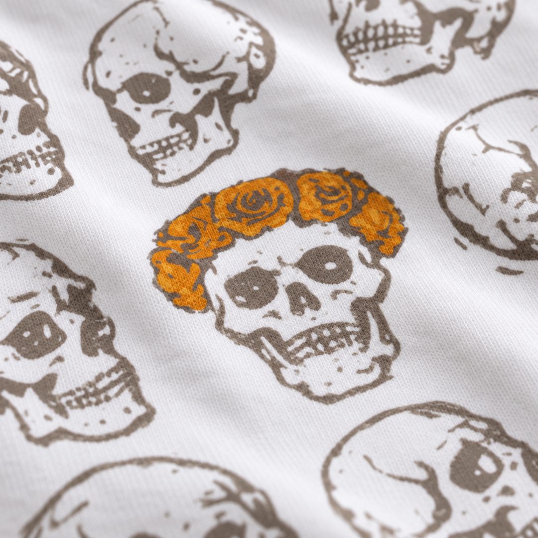 Angled close-up of white fabric with the gray skull-grid print and orange-gold marigold crown.
