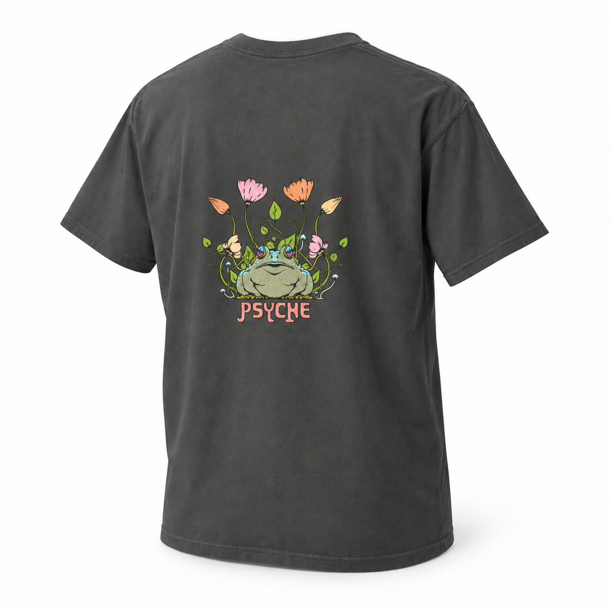 Pepper Psyche Toad t-shirt, angled back view on a white background with the original toad, flowers, mushrooms and pink PSYCHE lettering.