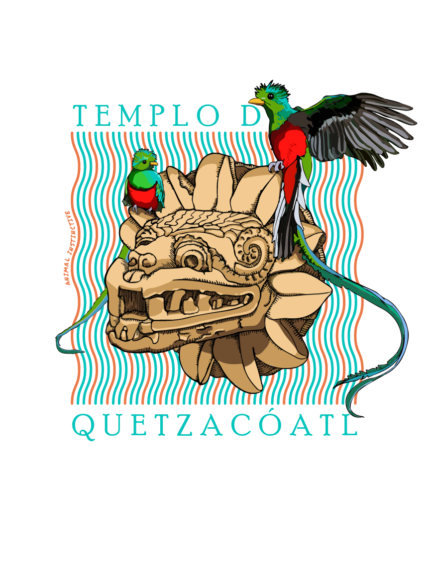 Original Animal Instinctive artwork with quetzal birds and a coiled serpent