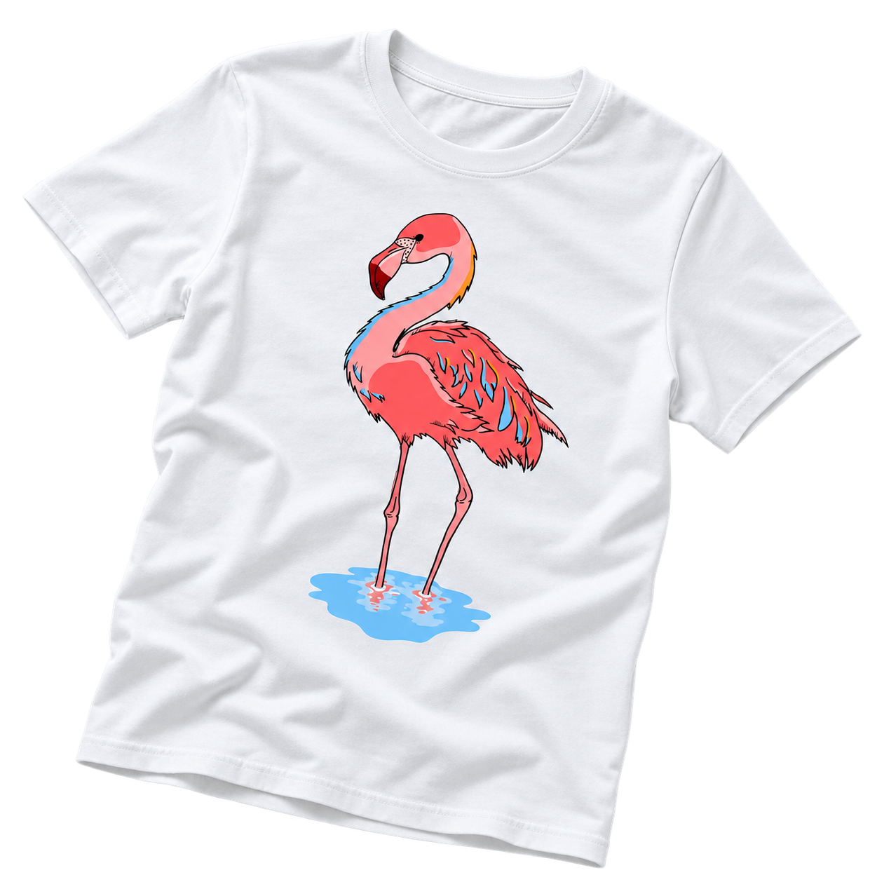 Flamingo artwork on a white T-shirt, flat-lay campaign mockup