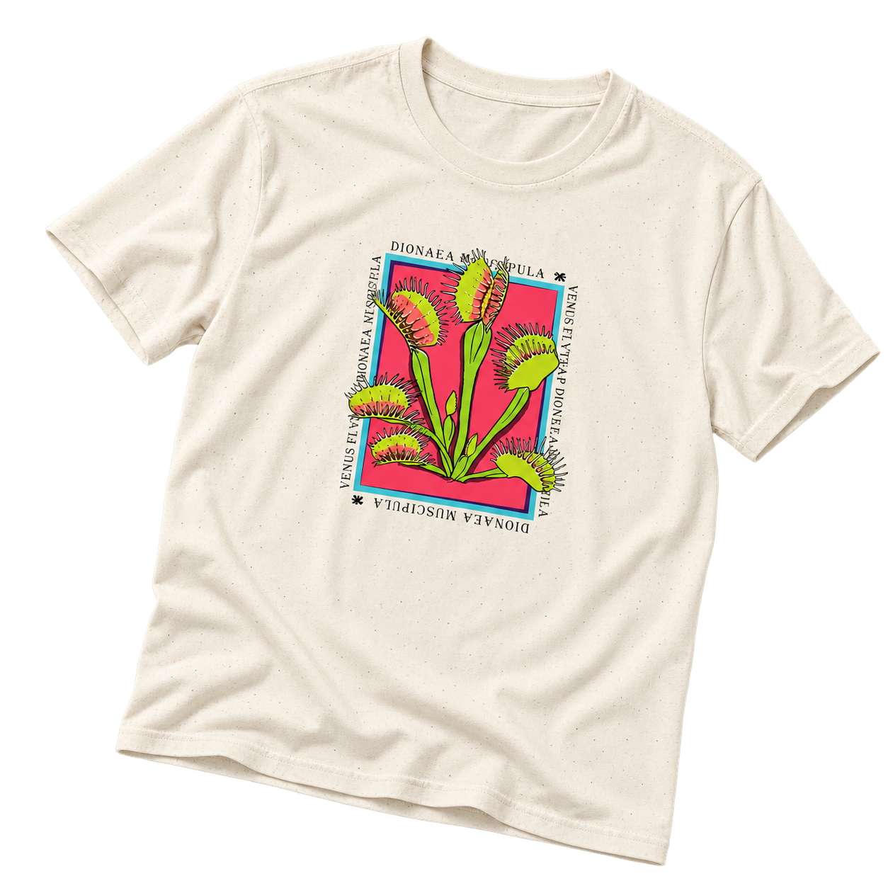 Venus flytrap artwork on a cream T-shirt, flat-lay campaign mockup