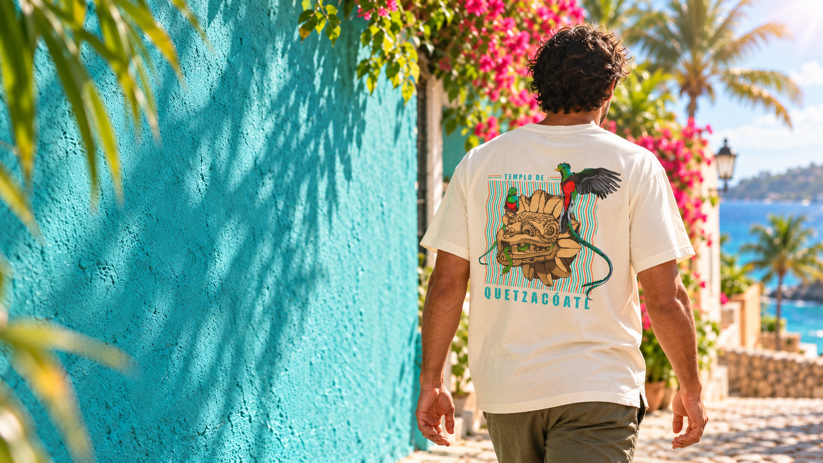 Animal Instinctive Quetzalcoatl graphic shirt in a bright tropical campaign scene